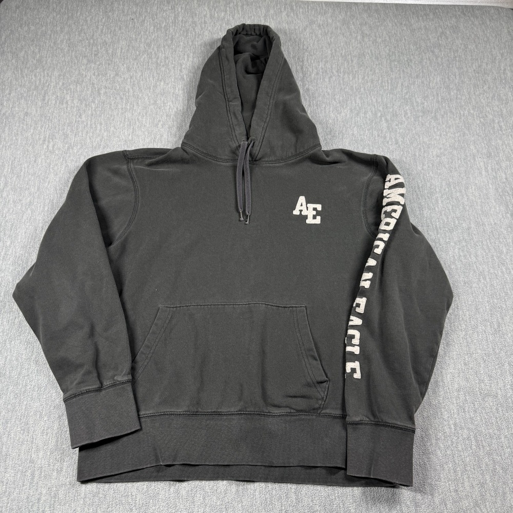 American Eagle Hoodie Men M Black Pullover Graphic Sleeve Logo Fleece Sweatshirt